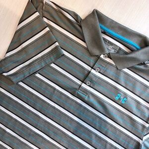 Under Armour Mens HeatGear Polo Teal Striped Golf Shirt XL Loose Fit Athletic
